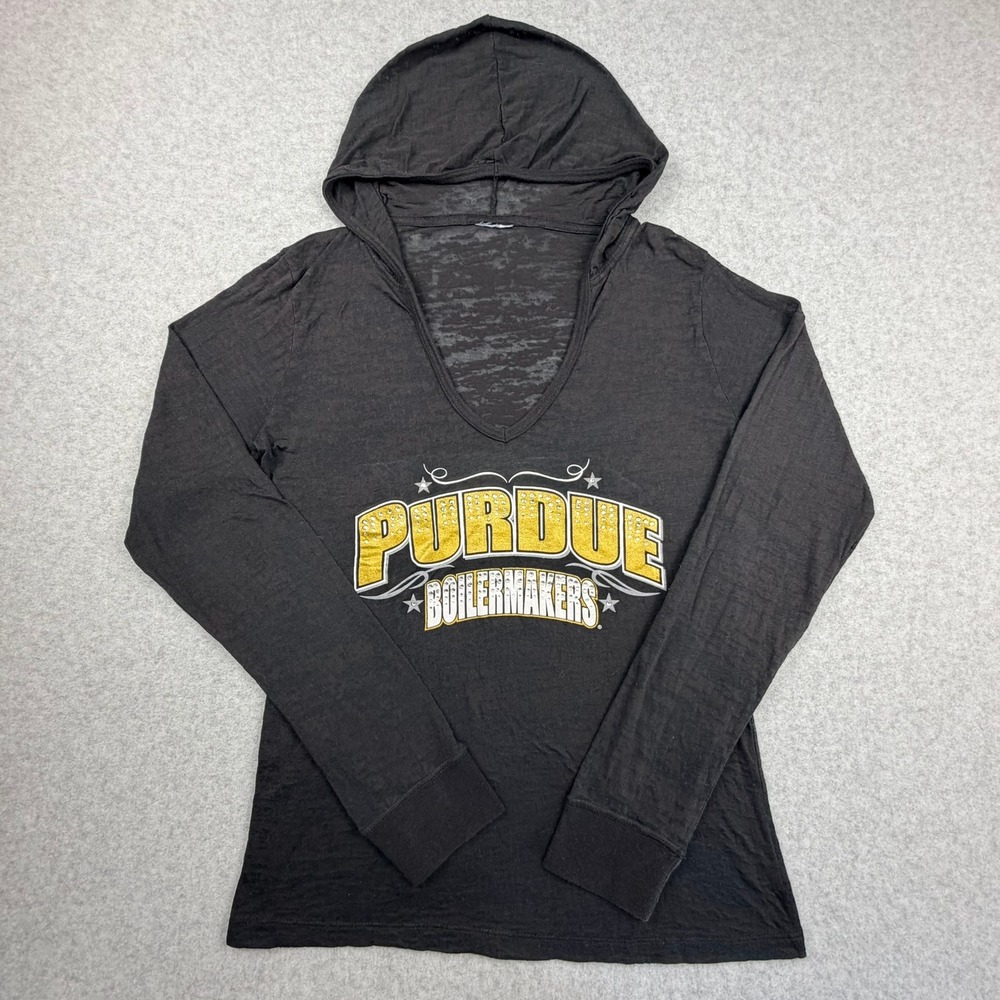 Purdue Boilermakers Women Black Sheer Burnout V-Neck Hoodie Rhinestone Graphic